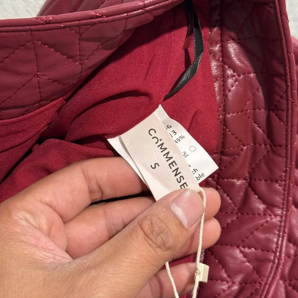 NEW Commense Burgundy Quilted Faux Leather Mini Skirt Chevron Wine Red Small